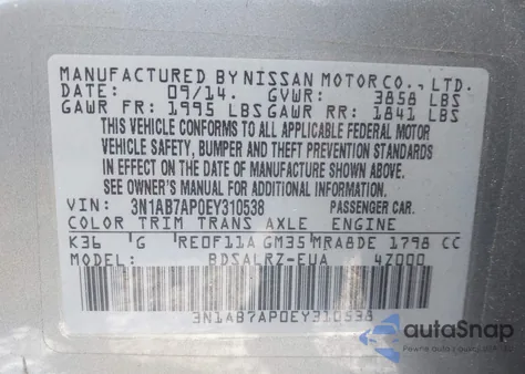 2014 Nissan Sentra Sr z USA, uszkodzony, nr VIN 3N1AB7AP0EY310538